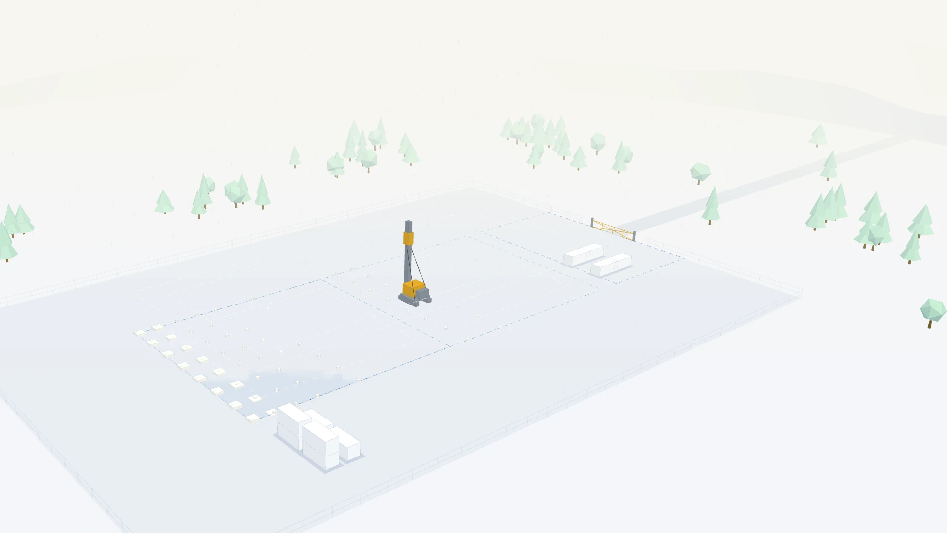 Drawn construction site, day 60: piling, drilling rig, site cabins